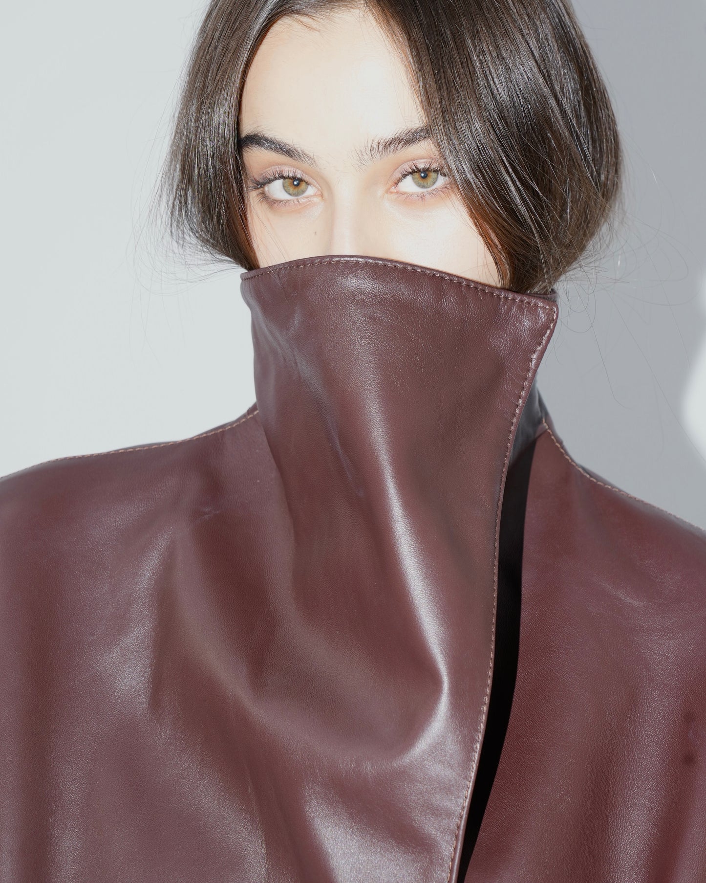 Calfskin High-Collar Jacket in brown