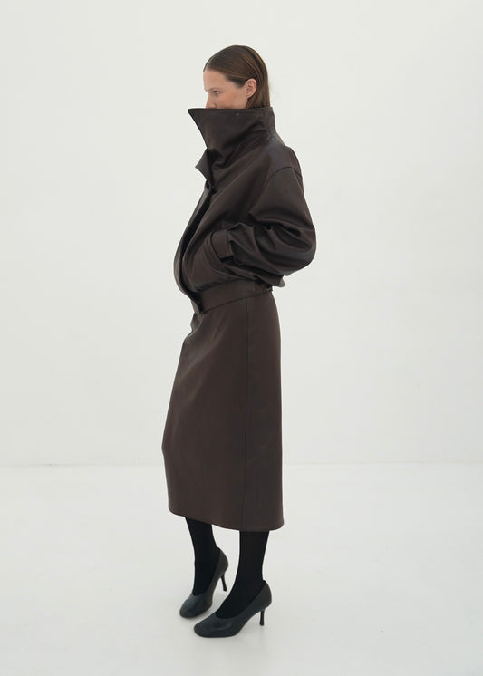 High-Collar Leather Jacket in brown
