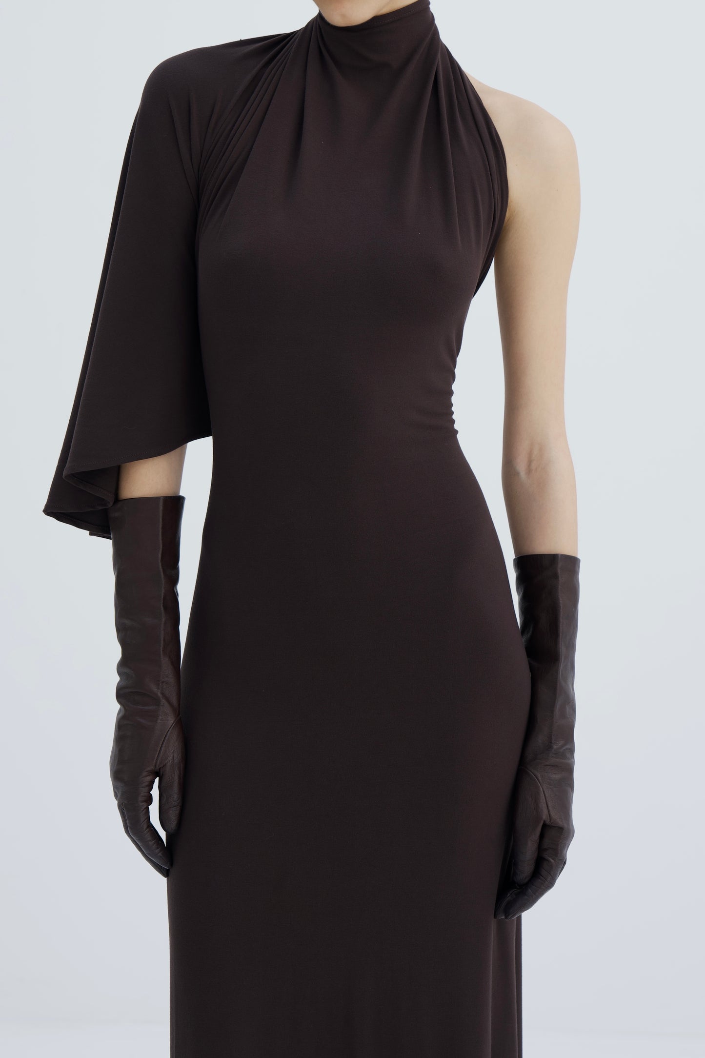 One-Shoulder Draped Dress in brown