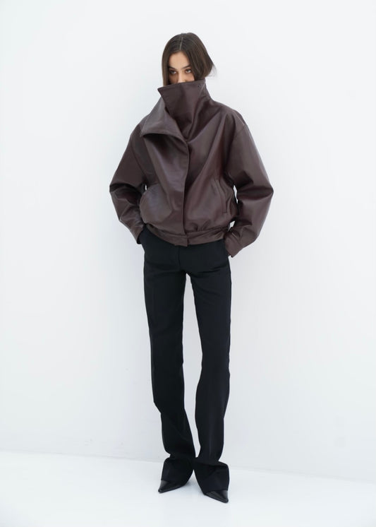 High-Collar Leather Jacket in brown