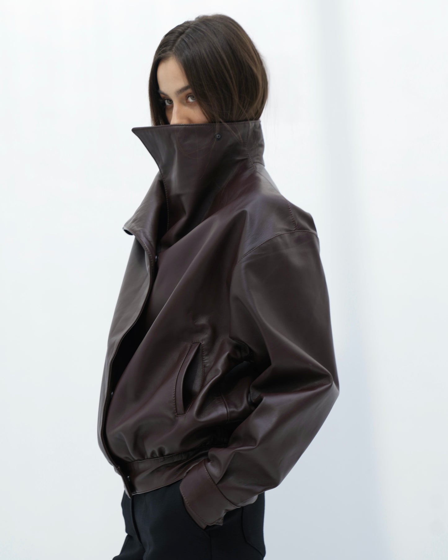 Calfskin High-Collar Jacket brown