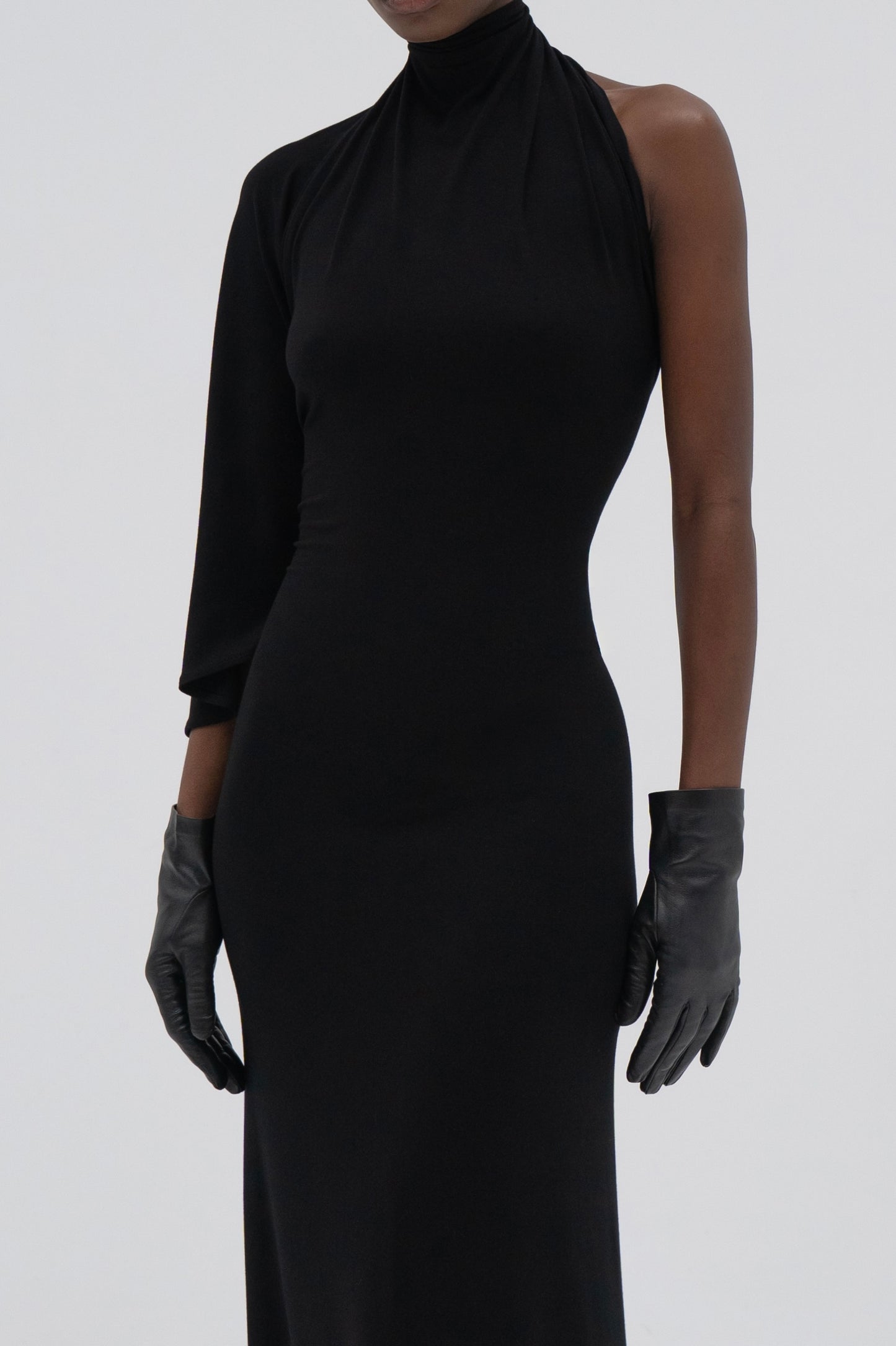 One-Shoulder Draped Dress in black