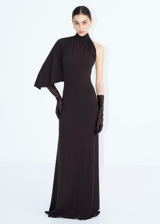 One-Shoulder Draped Dress in brown