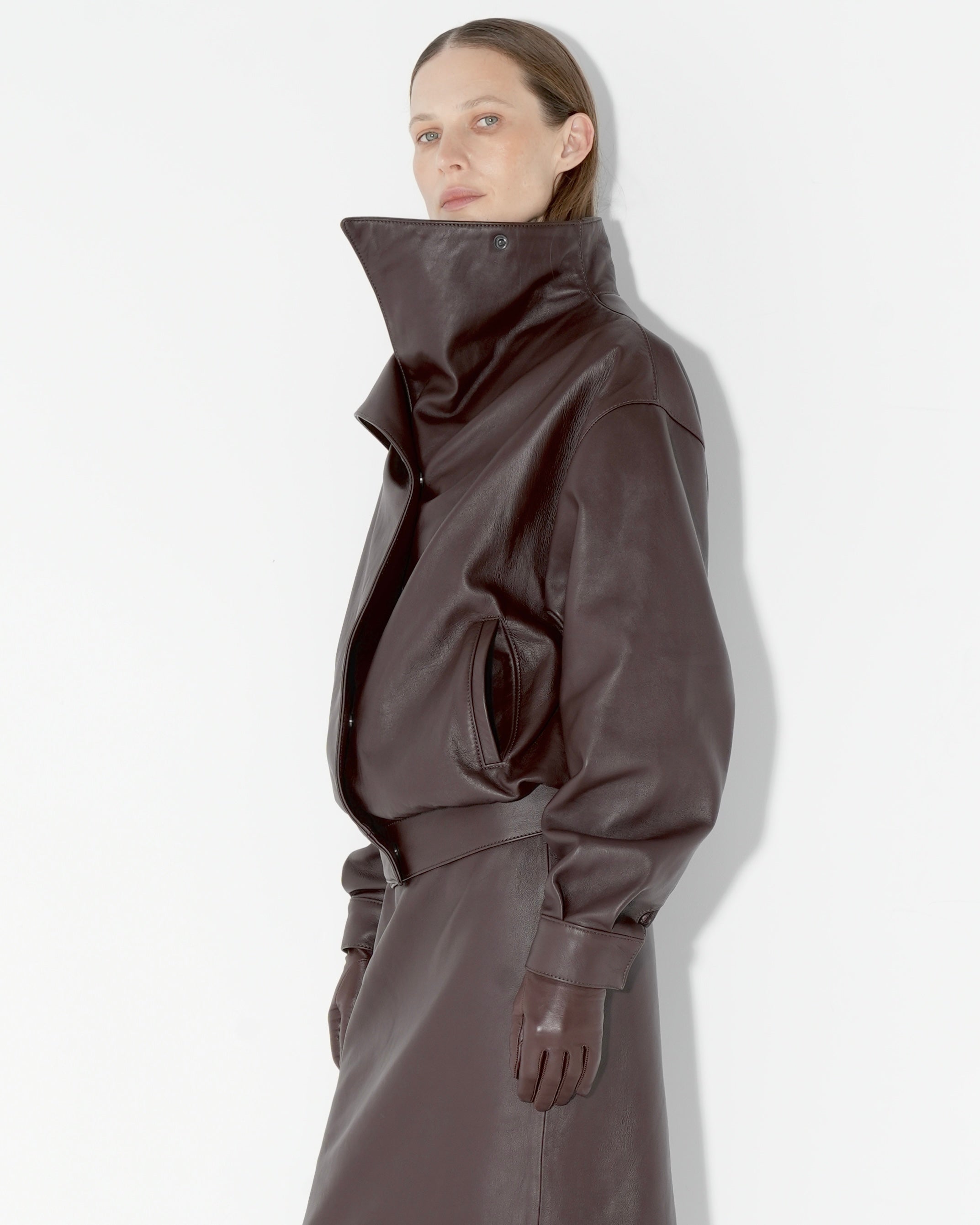 High-Collar Leather Jacket in brown – Diana Milkanova
