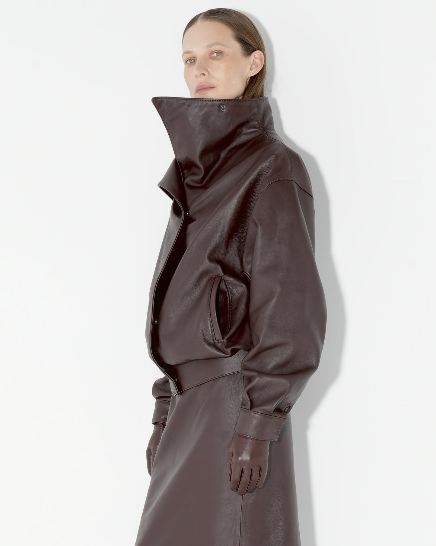 Calfskin High-Collar Jacket brown