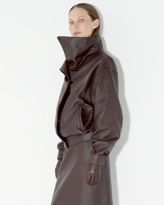High-Collar Leather Jacket in brown