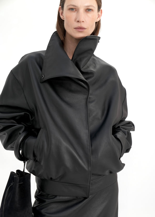 High-Collar Leather Jacket in black