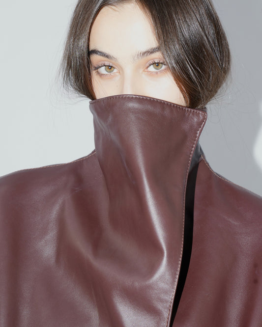 High-Collar Leather Jacket in brown