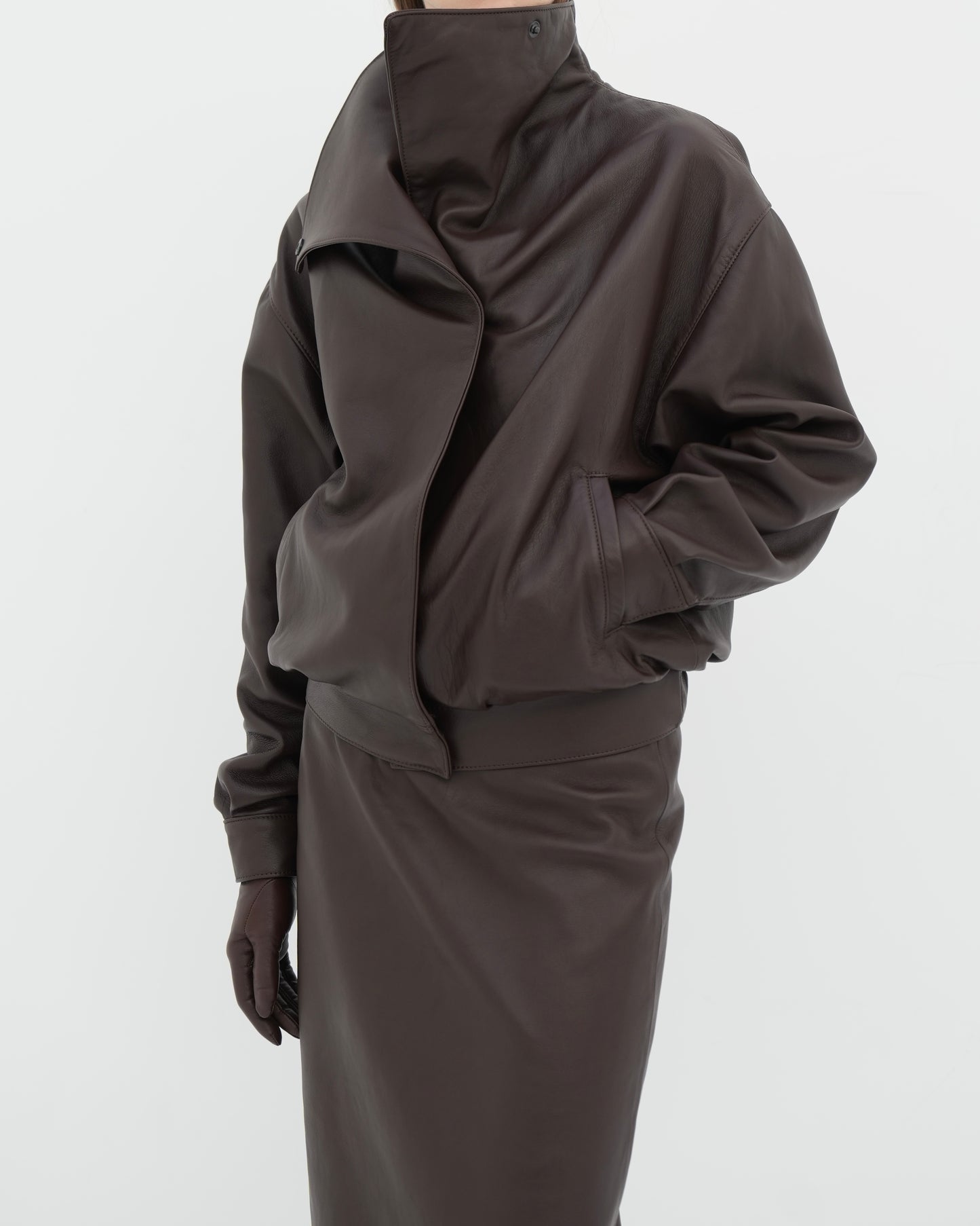 Calfskin High-Collar Jacket brown