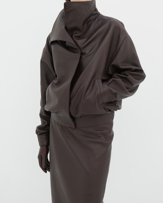 High-Collar Leather Jacket in brown