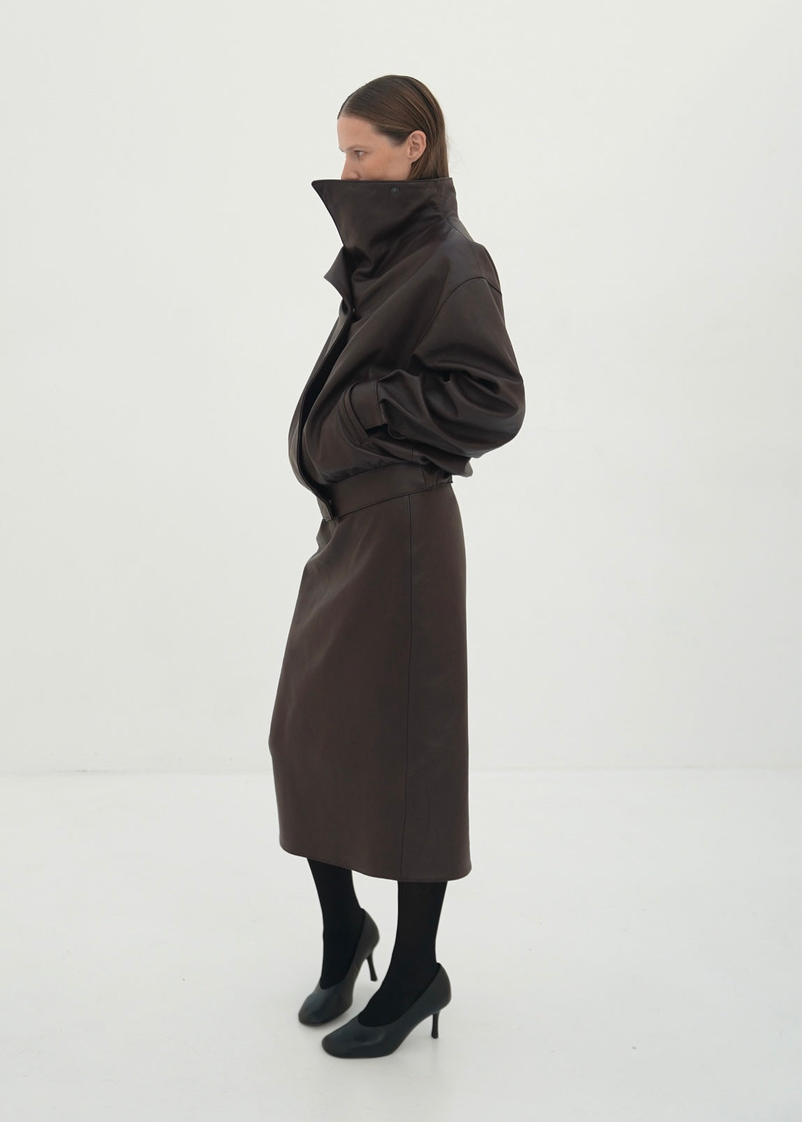 High-Collar Leather Jacket in brown – Diana Milkanova