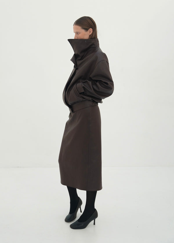 High-Collar Leather Jacket in brown
