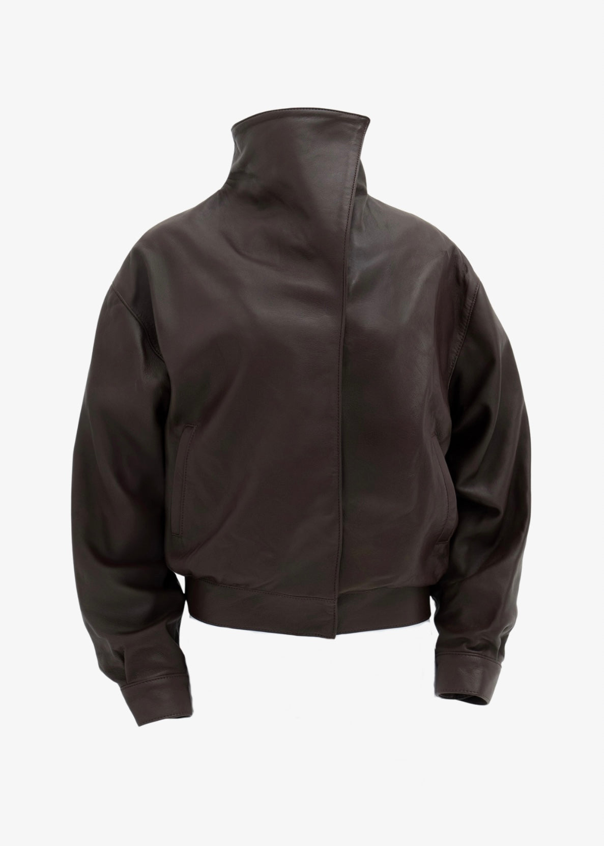 Calfskin High-Collar Jacket in brown