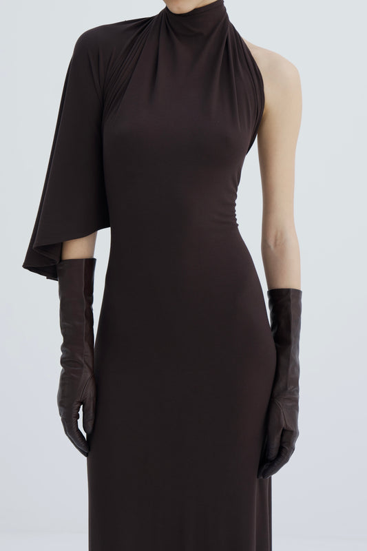 One-Shoulder Draped Dress in brown