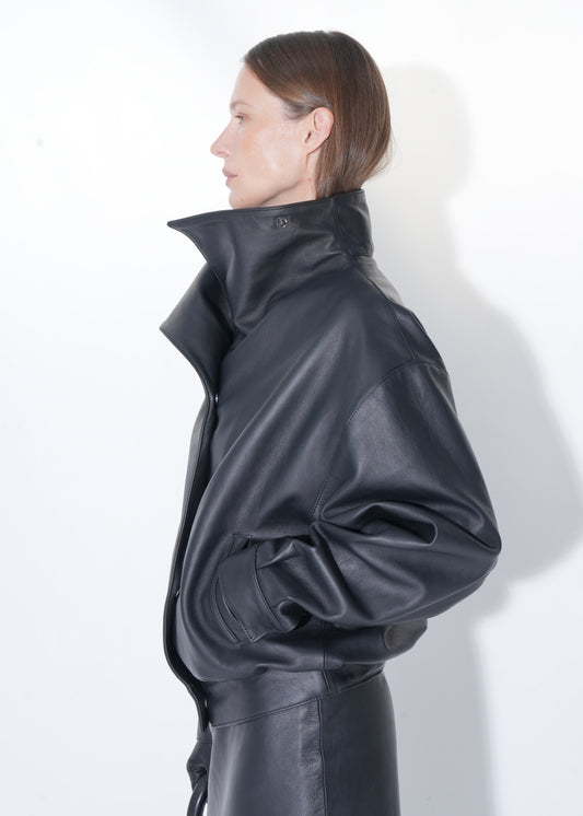 High-Collar Leather Jacket in black