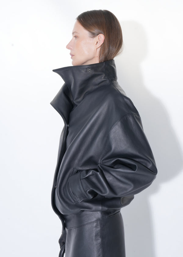 High-Collar Leather Jacket in black