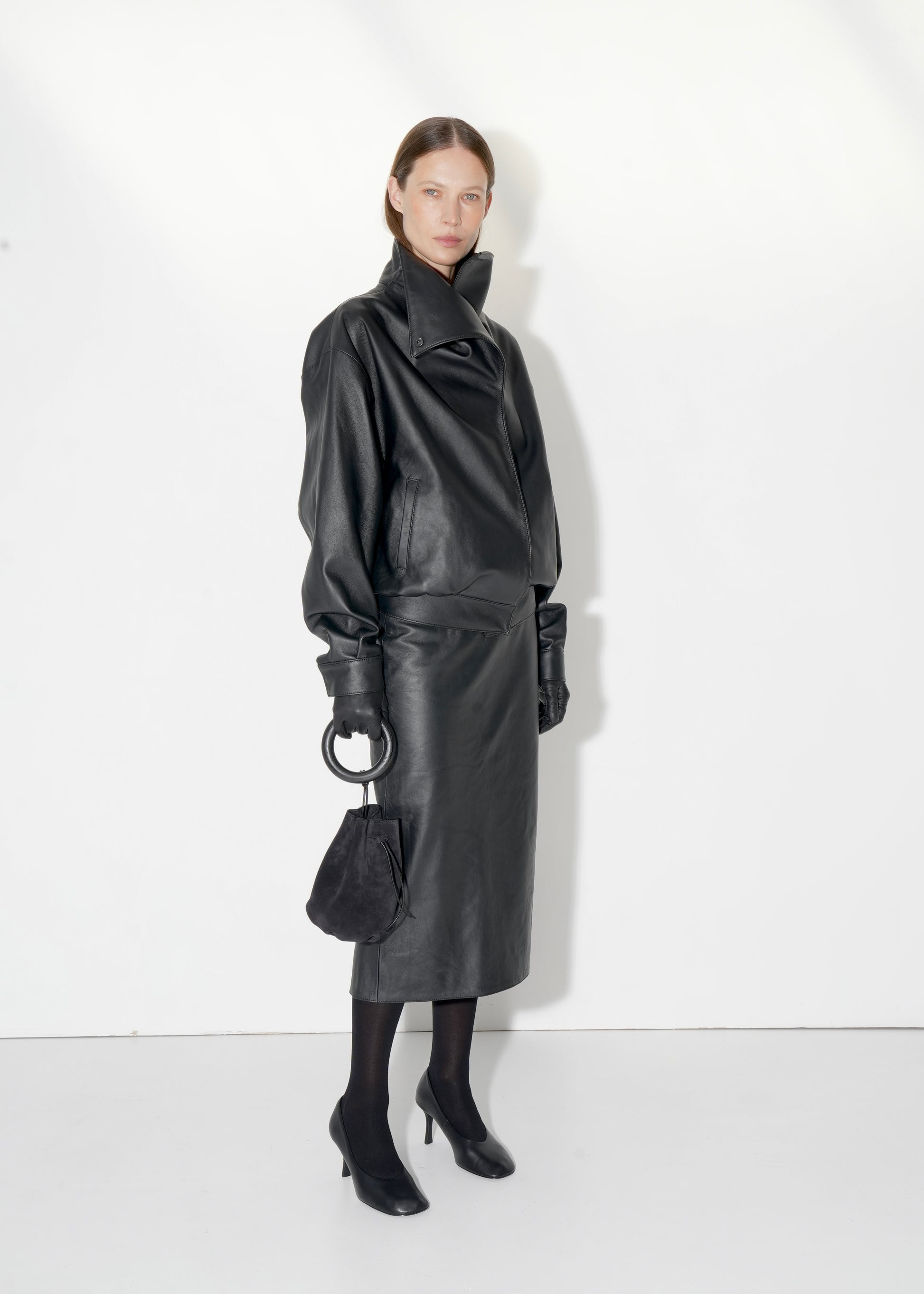 High-Collar Leather Jacket in Black L High-Collar Leather Jacket in Black L