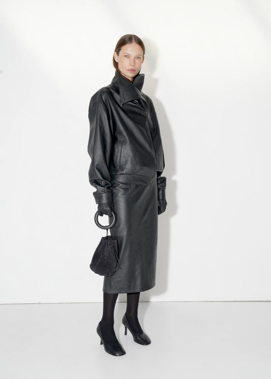 High-Collar Leather Jacket in black