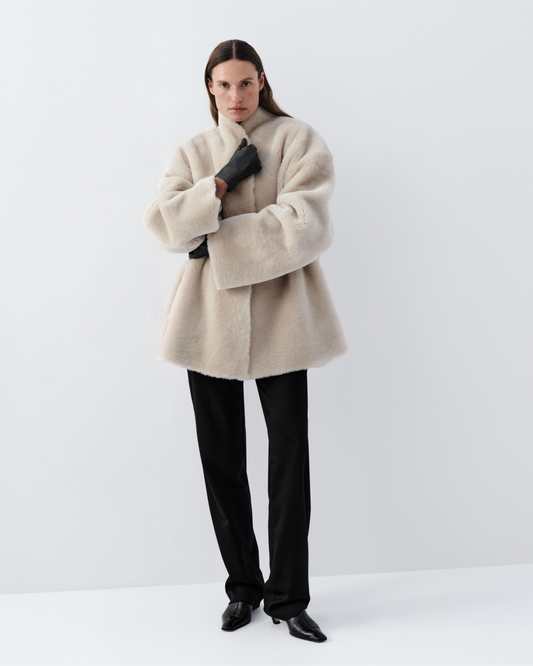 Wrap Shearling Coat in cream