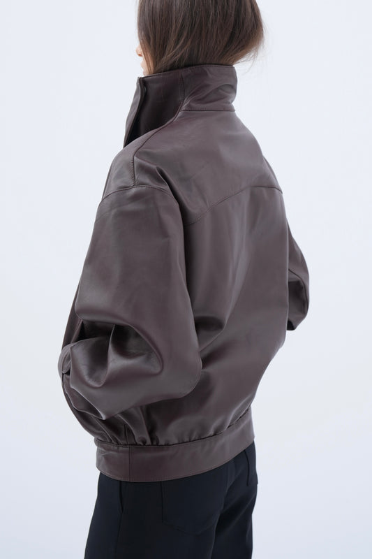 High-Collar Leather Jacket in brown