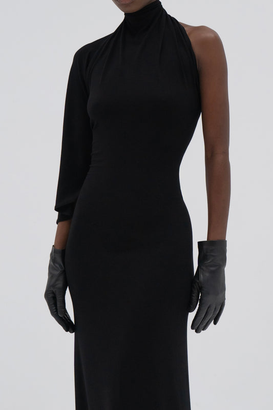 One-Shoulder Draped Dress in black