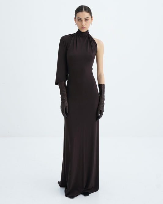 One-Shoulder Draped Dress in brown