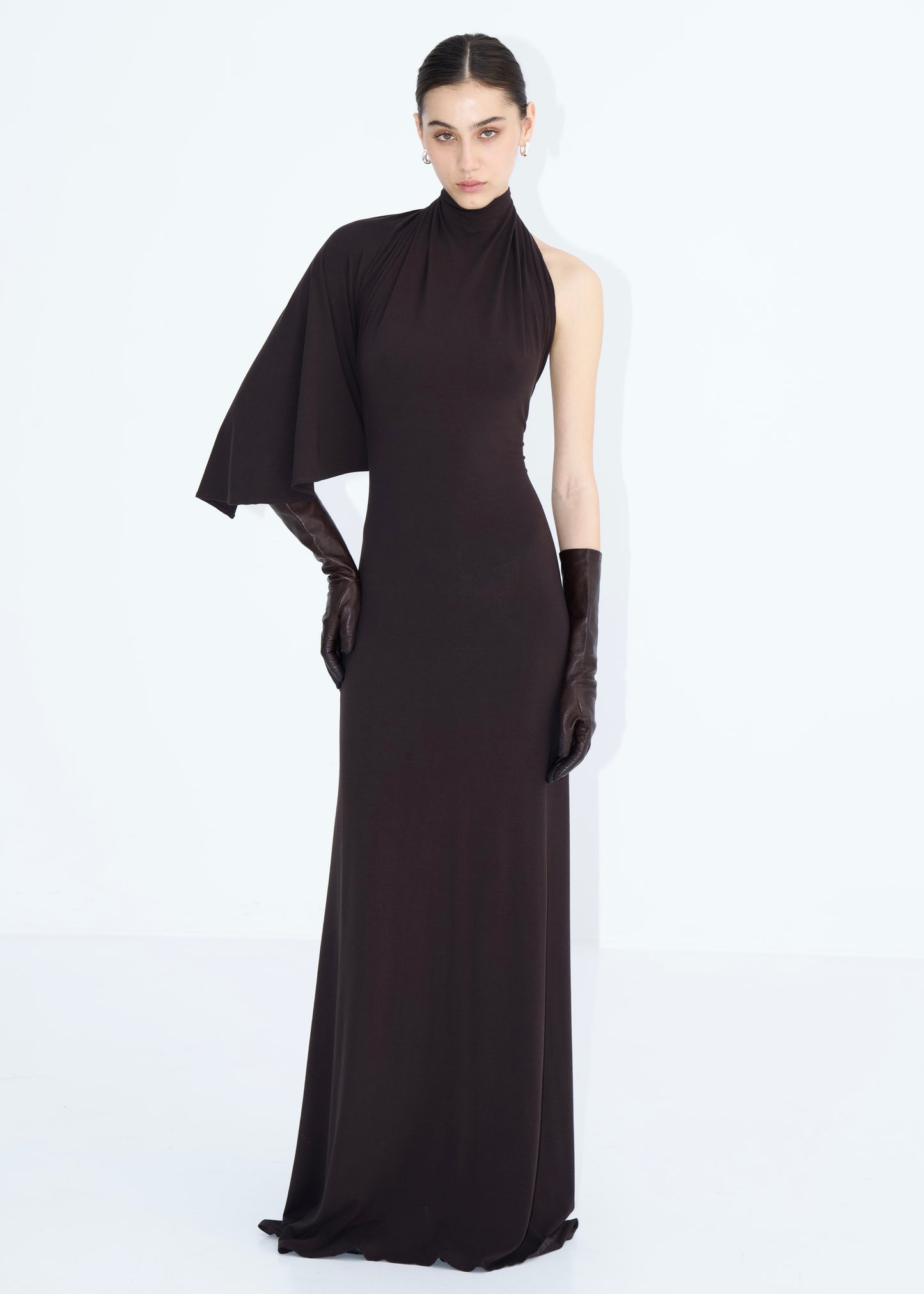 One-Shoulder Draped Dress in brown