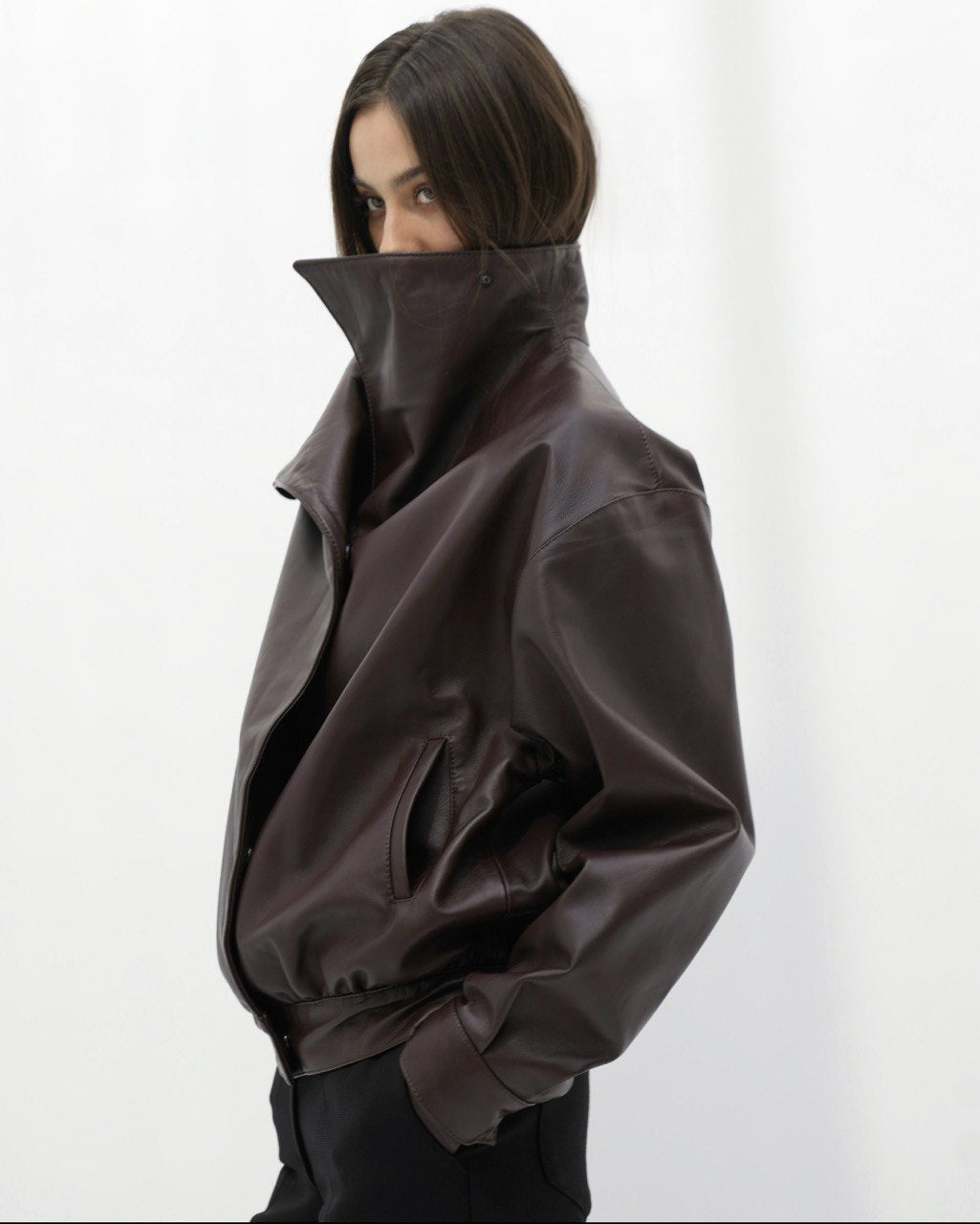 Calfskin High-Collar Jacket brown