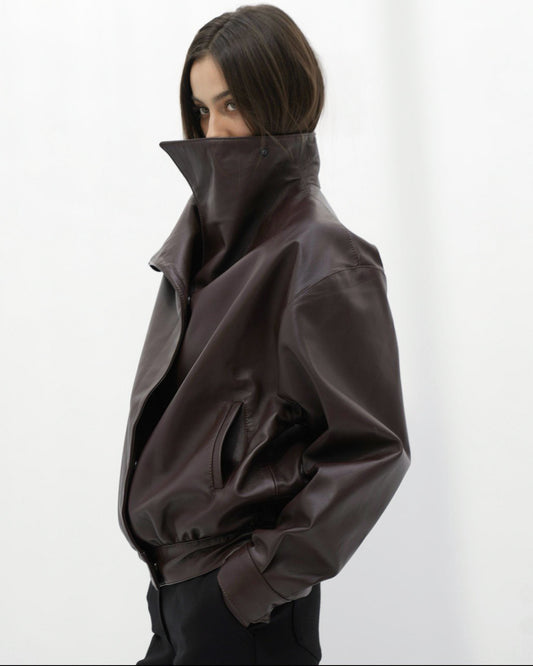 Calfskin High-Collar Jacket brown