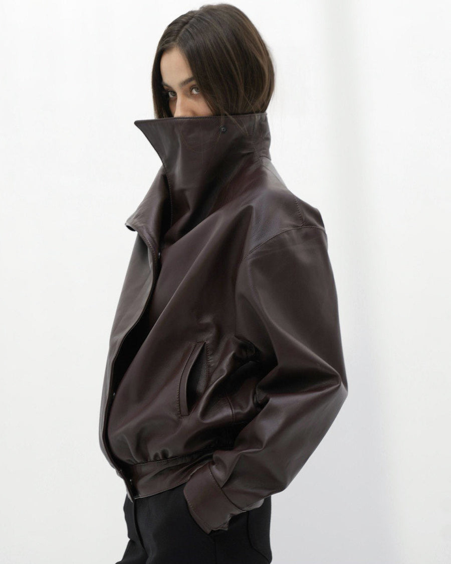 High-Collar Leather Jacket in brown
