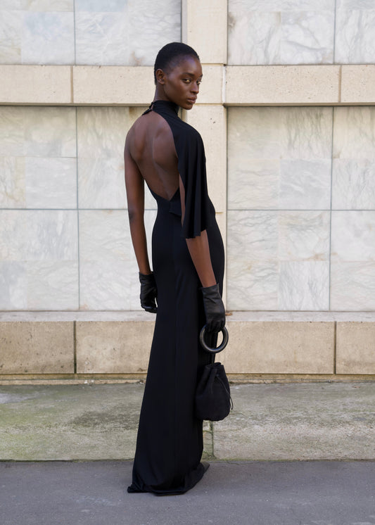One-Shoulder Draped Dress in black
