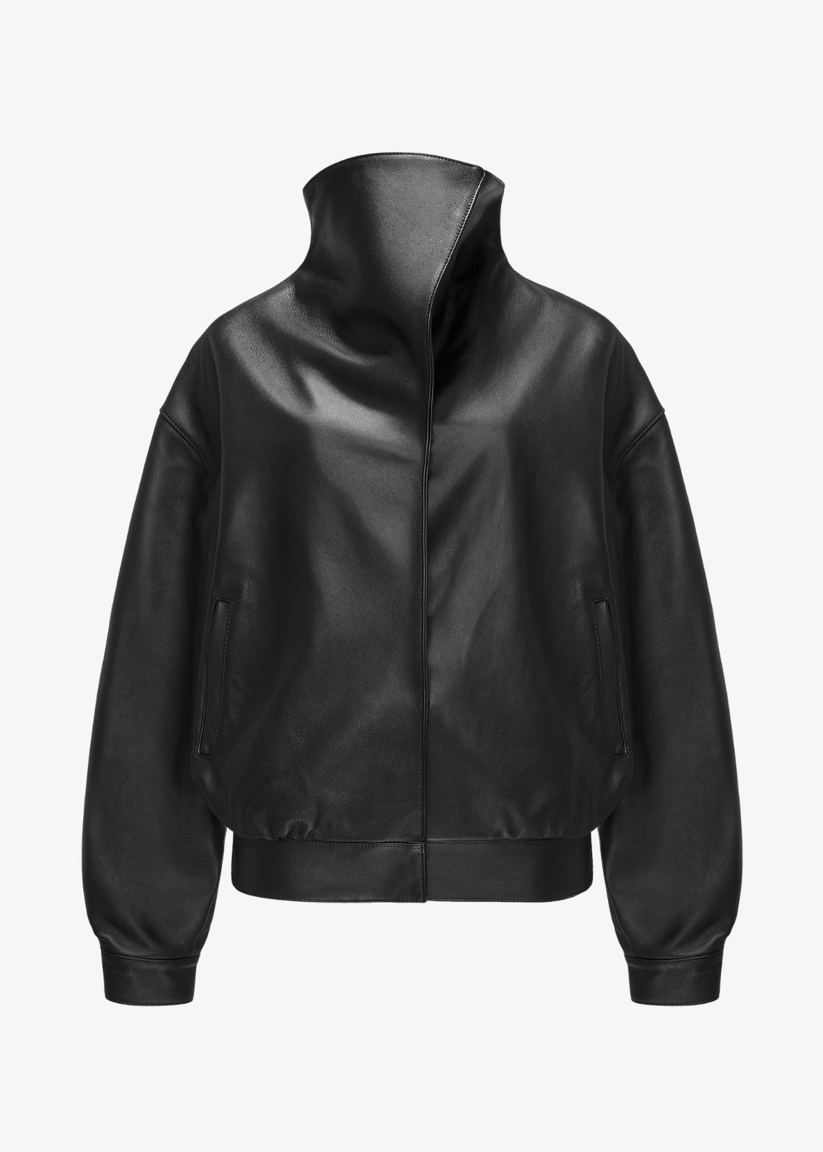 High-Collar Leather Jacket in black
