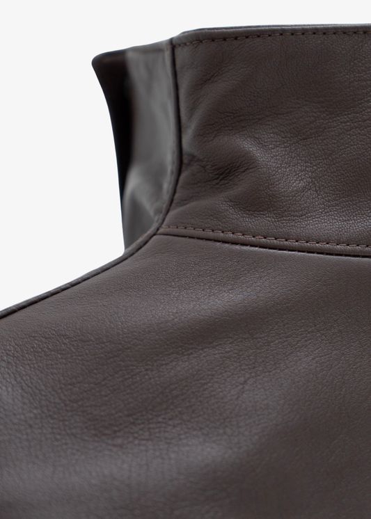 High-Collar Leather Jacket in brown