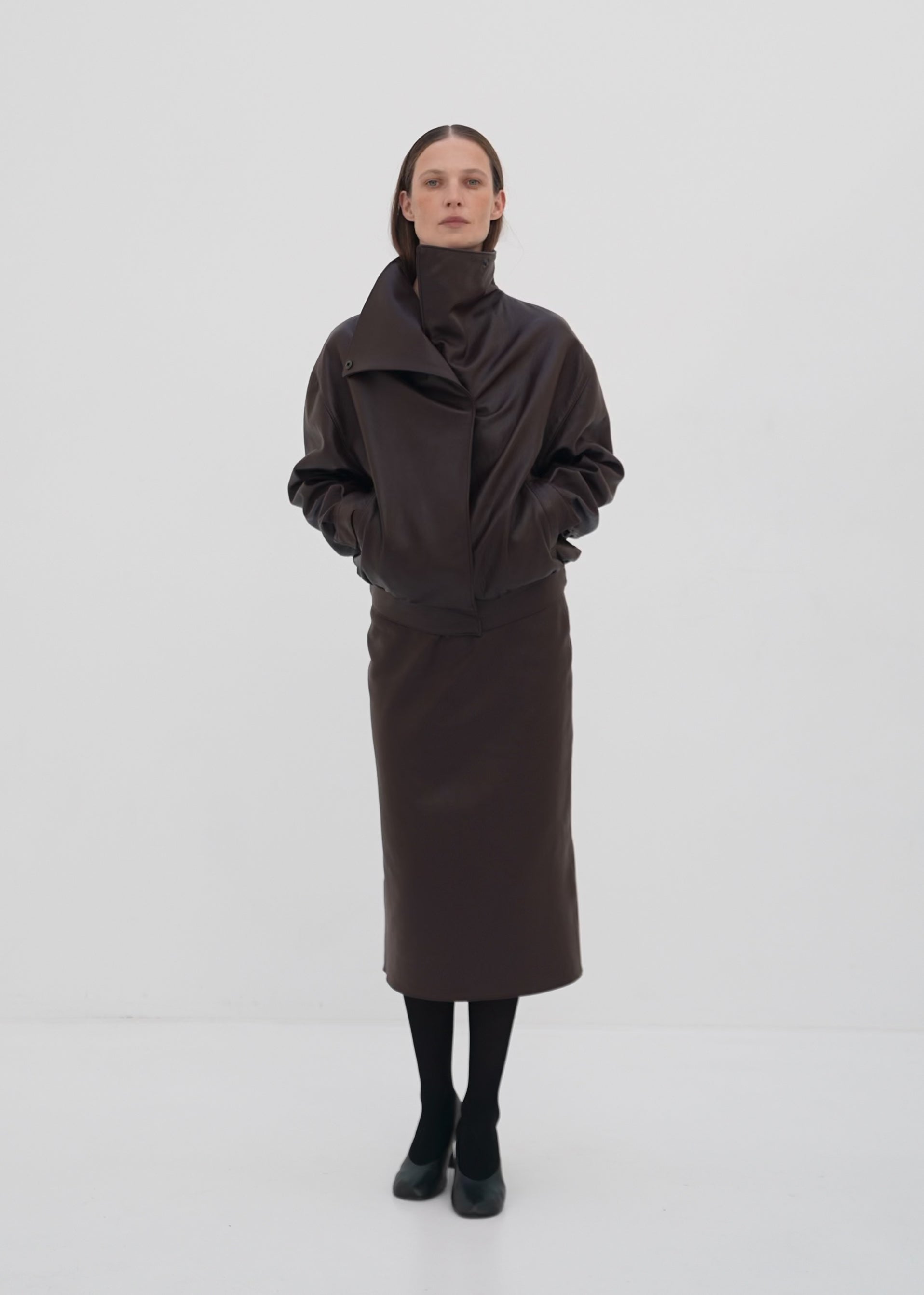 High-Collar Leather Jacket in brown – Diana Milkanova